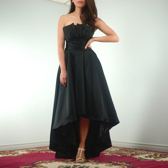 WHBM Black Duchess Satin Strapless High Low Hem Ball Gown with Pockets, sz 2 XXS - Picture 5 of 13